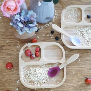 SET DE REPAS POUR ENFANT : ASSIETTE A COMPARTIMENTS & CUILLERE BAMBOU & SILICONE