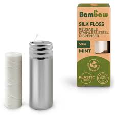 DISTRIBUTEUR DE FIL DENTAIRE EN SOIE BIODEGRADABLE A LA MENTHE 50M - BAMBAW
